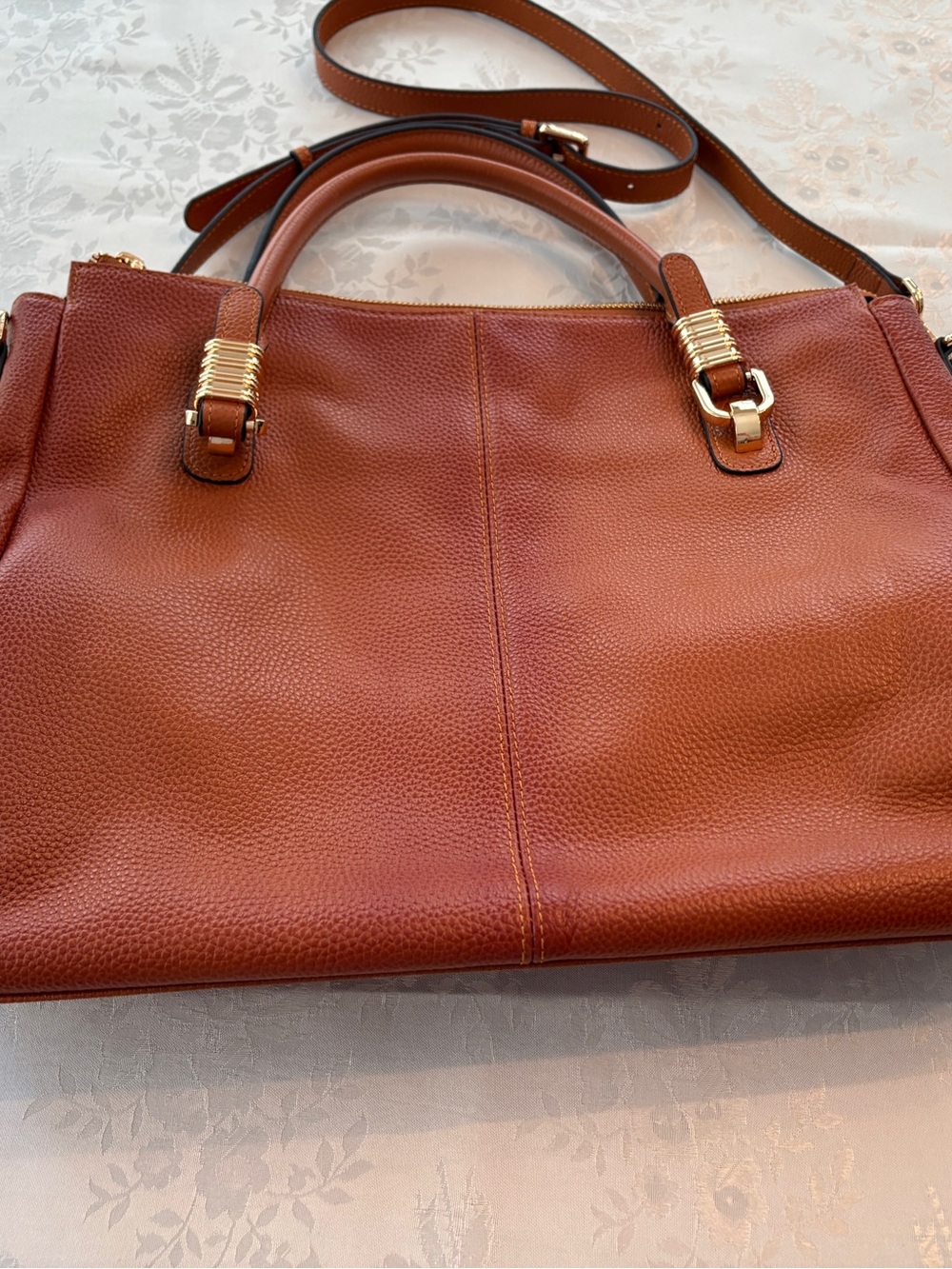 Kattee Structured Brown Pebble Soft Leather Shoulder Bag w/Gold Top Handles
